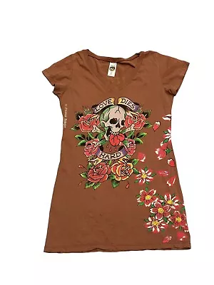 Vintage Long Ed Hardy T-Shirt Dress V Neck Brown Skulls Flowers  Tee • $15