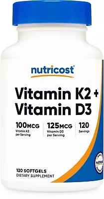 Nutricost Vitamin K2 (100mcg) + Vitamin D3 (5000 IU) 120 Softgels - Gluten Free • $15.95