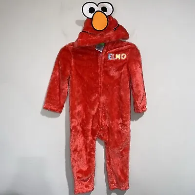 ELMO Hooded One Piece Dress Up HALLOWEEN Costume Unisex Fuzzy Zip Up Sz 2T • $13.30