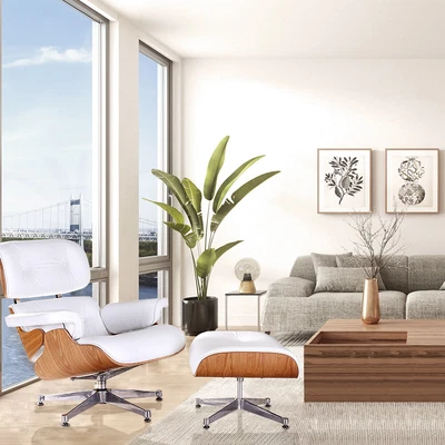 £659 • Buy White Eams Lounge Chair With Stool Genuine Leather Club Seat Armchair