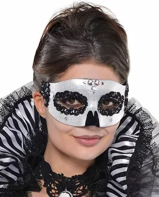 Venetian Skull Mask & Choker + FREE HEADBAND Black & Bone Fancy Dress Halloween • £5.99