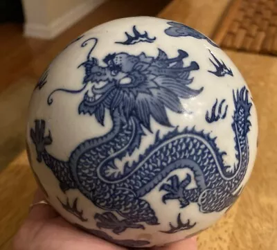 Gorgeous Rare Large Blue White Chinoiserie Dragon Motif Sphere Carpet Ball 4” • $35