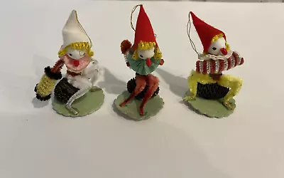 3 Vintage Christmas Elf Elves Gnome Pipe Cleaner Putz Japan Spun Cotton Felt • $22