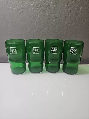 Set Of 4 Vintage Green 7-up Soda Pop Drinking Glasses 7up Wavy 4.75   • $30