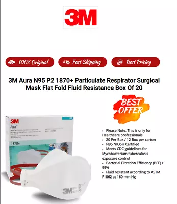 3M Aura N95 P2 1870+ Particulate Respirator Surgical Mask Fluid Resist Box Of 20 • $74.85