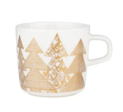 NWT   MARIMEKKO Finland Oiva Kuusikossa Spruce Tree WHITE / GOLD Stoneware Cup • $59.99