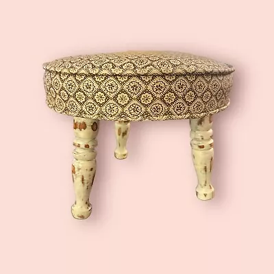 Vintage Wood Spindle Leg Foot Stool Vinyl Round Top • $25.50