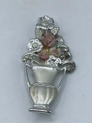 Vintage AJC Enamel And Porcelain Flower Vase Brooch / Pin • $9