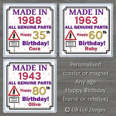 £3.35 • Buy Personalised Female Birthday Coaster Or Magnet 40 65 80 Any Age & Gift Humour