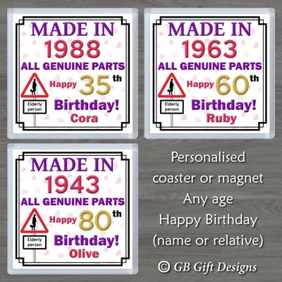 Personalised Female Birthday Coaster Or Magnet 40 65 80 Any Age & Gift Humour • £4.25