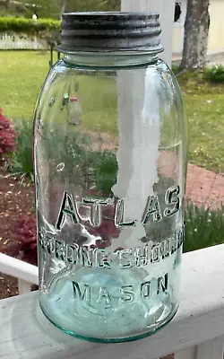 Blue Atlas Strong Shoulders Mason Half Gallon Jar Zinc White Milk Glass Lid Vtg • $17.95