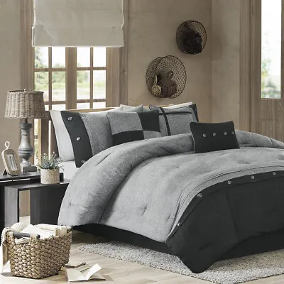 Gray Grey Black Microsuede Block Buttons 7 Pc Comforter Set Queen Cal King Bed • $142.90