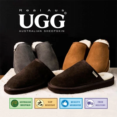 $39.95 • Buy UGG Real Aus 100% Australian Sheepskin Wool Mens Slippers ChocolateChestnutStone