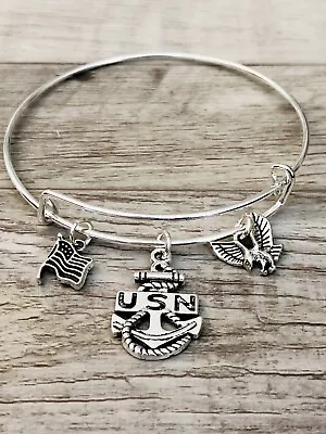 U.S NAVY Military Anchor Silver Charms Expandable Bangle Bracelet  • $4.50