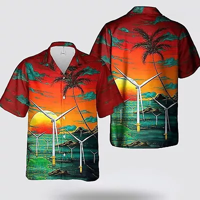 Wind Turbines Big Sun On The Beach Pattern Red Hawaiian Shirt- Gift For Adults • $30.95