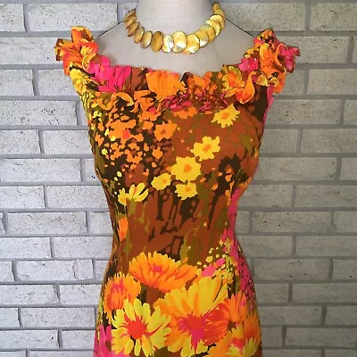 Vintage Sun Fashions Multicolored Vibrant Floral Max/Hostess Dress Size Medium • $60