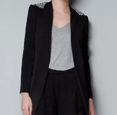 ZARA Jacket Womens Medium Black Spike Shoulder Longline Studded Blazer • £53.07