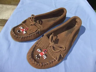 Minnetonka Beaded Thunderbird Model  Moccasins Brown Suede Size 5 Good Used Cond • $5