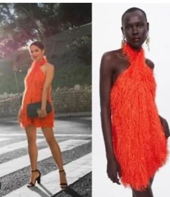 Zara Orange Shaggy Halter Neck Mini Dress Size L Bnwt  • £20