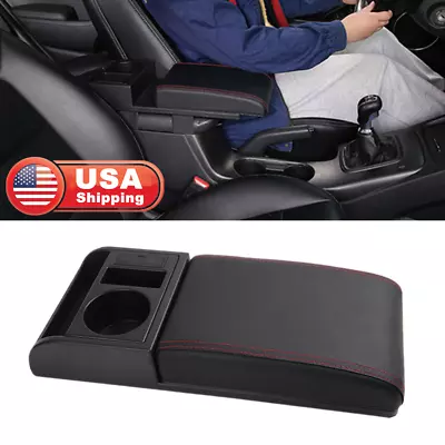 Universal Black Car Center Console Armrest Pad Cup Holder PU Leather USB Charger • $31.49