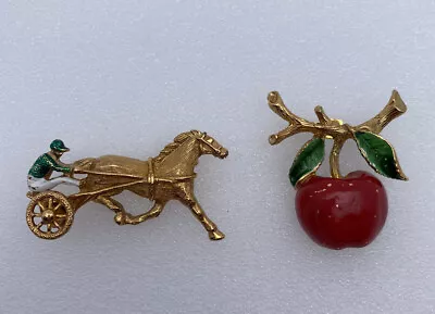 Vintage Gerry's Jewelry Pins Gold Tone Race Horse W/Jockey & Red Enamel Apple • £23.93