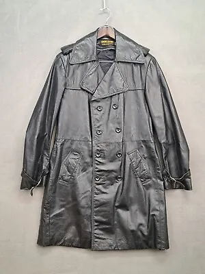Vintage Double Breasted Leather Trench Coat 42 Jacket Black 70's Duster • $49.99