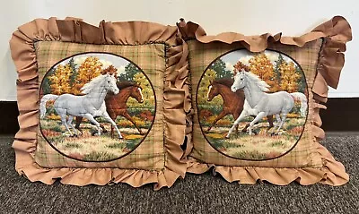 Vintage Hand Sewn Horse Throw Pillows Fall Colors White And Brown Horse Ruffle • $25