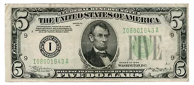 1934 $5 Light Green Seal Minneapolis Minnesota Federal Reserve Banknote SN: 1643 • $49.99