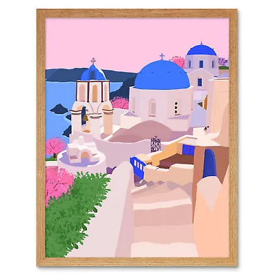 £19.99 • Buy Santorini Greece Buildings Illustration Framed Wall Art Print 9X7 In