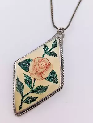 VINTAGE SCRIMSHAW SHELL NECKLACE Etched MOP Colored Rose Pendant Silvertone B6 • $25