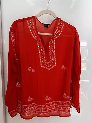 Moda International Sheer Silk Sz L Tunic Blouse Top Red Embroidered - Never Worn • $16.90