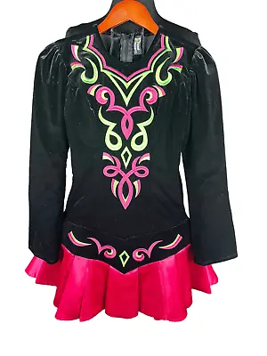 Irish Dance Costume Dress Neon Pink Green Velvet Black Prime Design Large? • $175