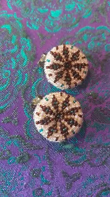 Vintage Native American Hand Beaded Round Medallion Clip On Earrings 50s/60s?  • £26