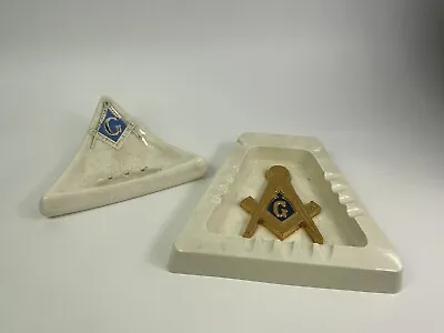 2- Vintage 1970's MASONIC FREEMASON Ceramic Triangular Ashtray Atlantic Mold 11” • $14.99