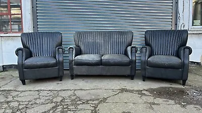 2 Seater Chesterfield & Armchairs Leather Channel Back Art Deco Style • £375