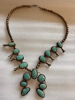 Navajo VINTAGE Native American TURQUOISE Sterling Silver SQUASH BLOSSOM NECKLACE • $399