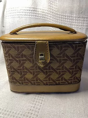 Celebrity Travel Makeup Case Vintage 60s Brown Pattern Mirror Pockets MINT * • $34