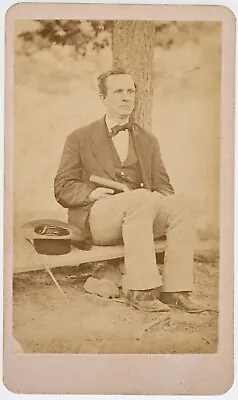ANTIQUE CDV CIRCA 1870s T.R. GETTYS HANDSOME MAN HOLDING BOOK OUTISDE COLLEGE? • $19.99