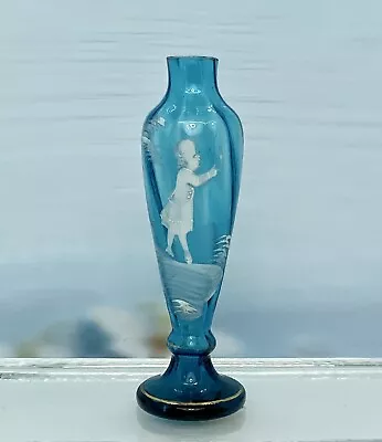 1891 Bohemian Mary Gregory Enamelled Blue Glass Bottle Vase • $72.99