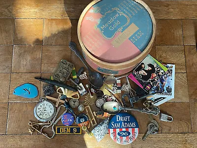 Lot Of Trinkets In Vintage Meadow Gold Ice Cream Box Keys Rock Pins Spoons • $9.99