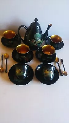 Vintage Japanese Black Lacquer Tea Set Cup Saucer Teapot • $50