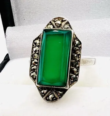 Art Deco Sterling Silver Chrysoprase Marcasite Ring Sz5 Vintage Antique Jewelry • $99.99