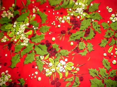 Vintage Handmade Holly And Mistletoe Red Cotton Linen Tablecloth 38 X66  • $15