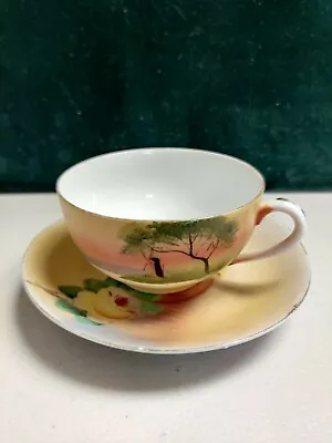 Vintage Hand Painted Noritake Tea Cup And Saucer Landscape Scene Sunset  • $9.99