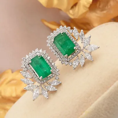 Zambian Emerald H/SI Diamond Stud Earrings 14k White Gold Gift Jewelry 6.34 Tcw • $2139.30