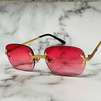 Designer Men Sunglasses Blue Lens Gold Metal Rimless Migos Hip Hop Eye Glasses • $14.99