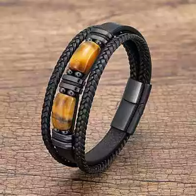 Men's Natural Tiger Eye Stone Braided Leather Bracelet Magnetic Clasp Bangle US • $13.95