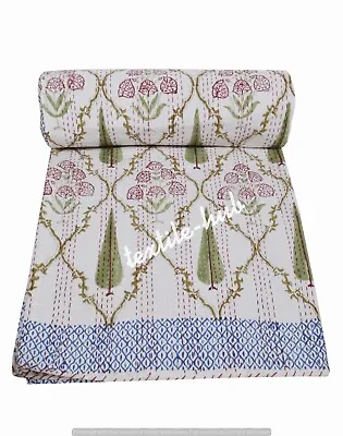 £35.99 • Buy Twin Size Indian Kantha Handmade Quilt Throw Bedspread Blanket Hand Block Print