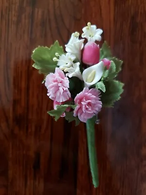 Vintage Porcelain Bouquet Brooch Pink Tulips Carnations Lillies Flower Pin • $10.99