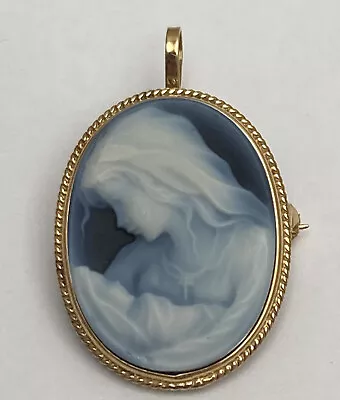 18K 750 Yellow Gold Cameo Blue Agate Mother With Child￼ Pendant Brooch Pin • $319.95